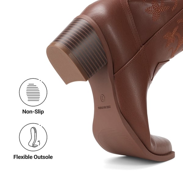 Women's Western Wide Calf Cowboy Boots with Square Toe - BROWN - 4