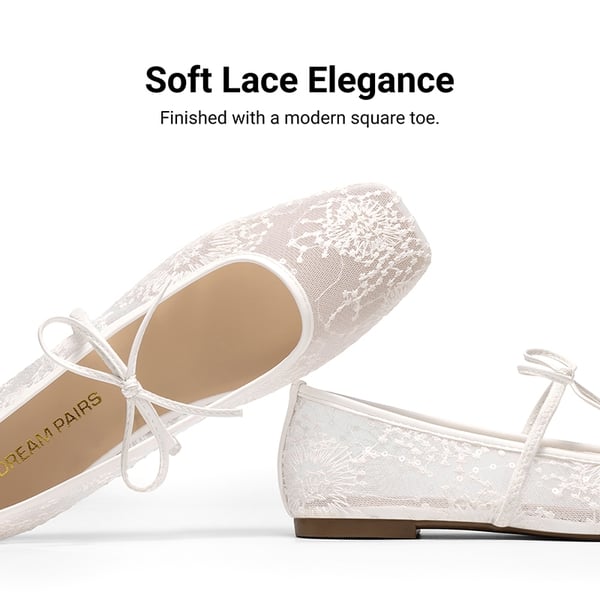 Women's Lace Bow Square Toe Flats - WHITE - 6