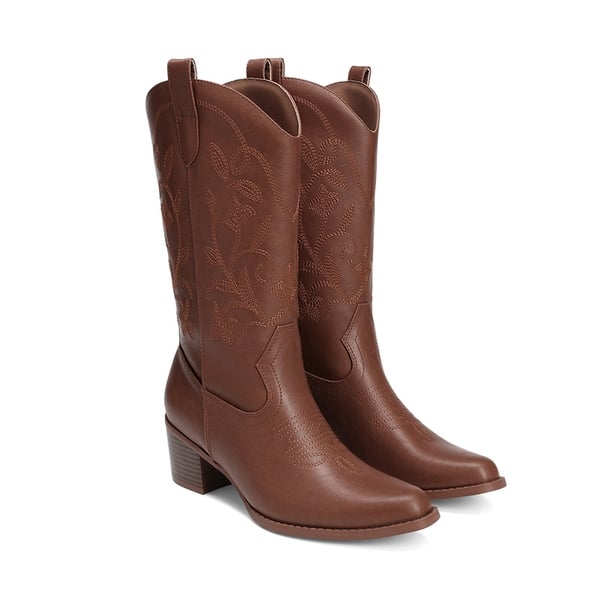 Women's Western Wide Calf Cowboy Boots with Square Toe - BROWN - 6
