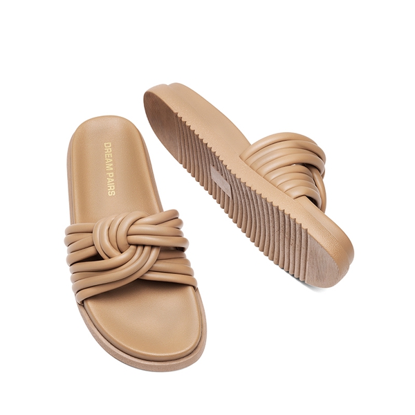 Women’s Padded Tubular Strap Slide Sandals - CAMEL-PU - 4