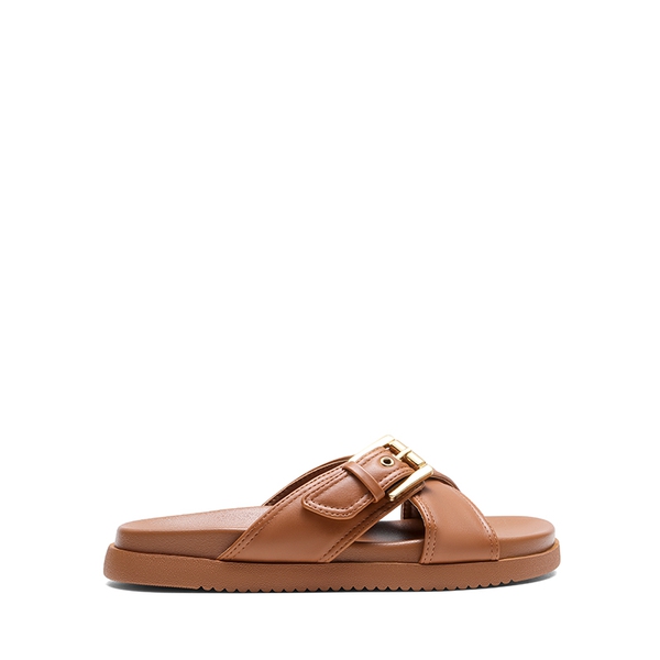Women's Buckle Crossover Slide Sandals - COGNAC-PU - 1