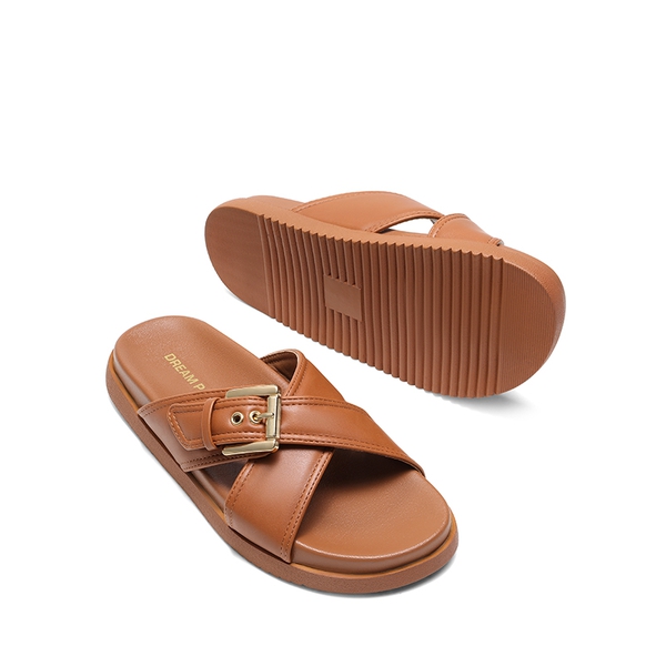 Women's Buckle Crossover Slide Sandals - COGNAC-PU - 4