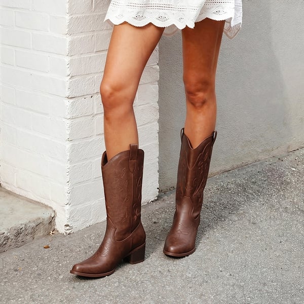 Women's Western Wide Calf Cowboy Boots with Square Toe - BROWN - 2