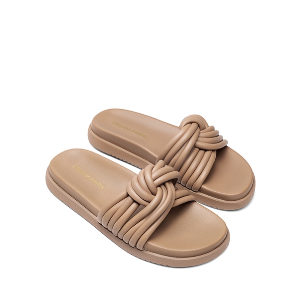 Women’s Padded Tubular Strap Slide Sandals - CAMEL-PU - 2