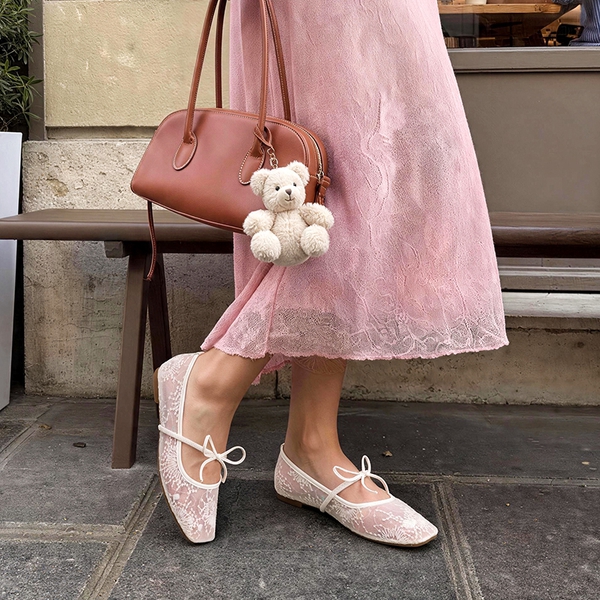 Women's Lace Bow Square Toe Flats - WHITE - 2