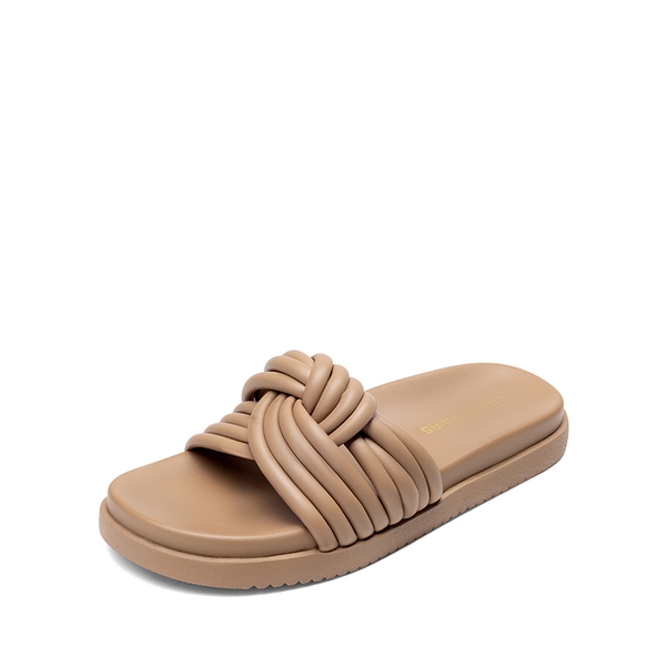 Women’s Padded Tubular Strap Slide Sandals - CAMEL-PU -  0