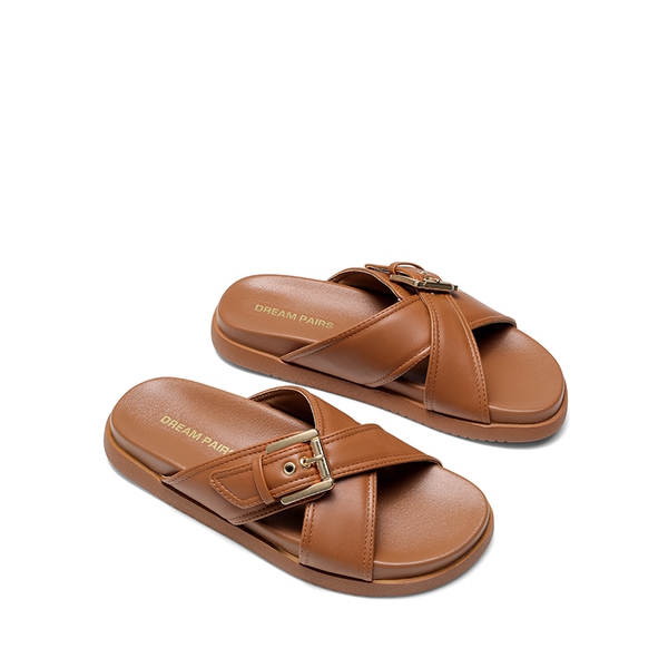 Women's Buckle Crossover Slide Sandals - COGNAC-PU - 2