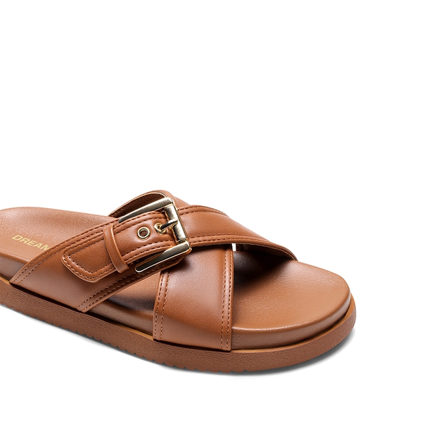Women's Buckle Crossover Slide Sandals - COGNAC-PU - 5