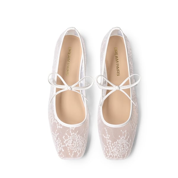 Women's Lace Bow Square Toe Flats - WHITE -  0