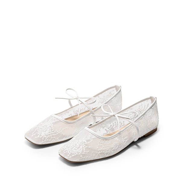 Women's Lace Bow Square Toe Flats - WHITE - 5