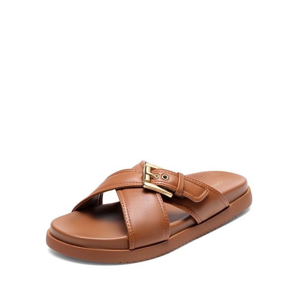 Women's Buckle Crossover Slide Sandals - COGNAC-PU -  0