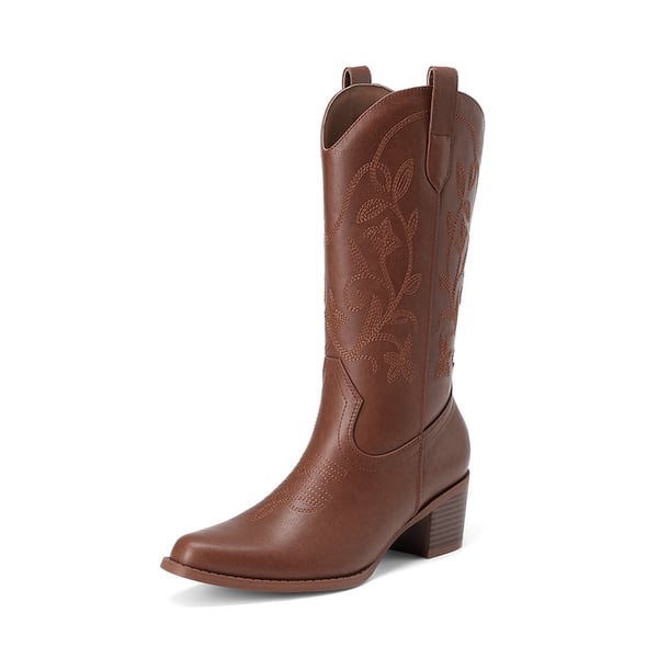 Women's Western Wide Calf Cowboy Boots with Square Toe - BROWN -  0
