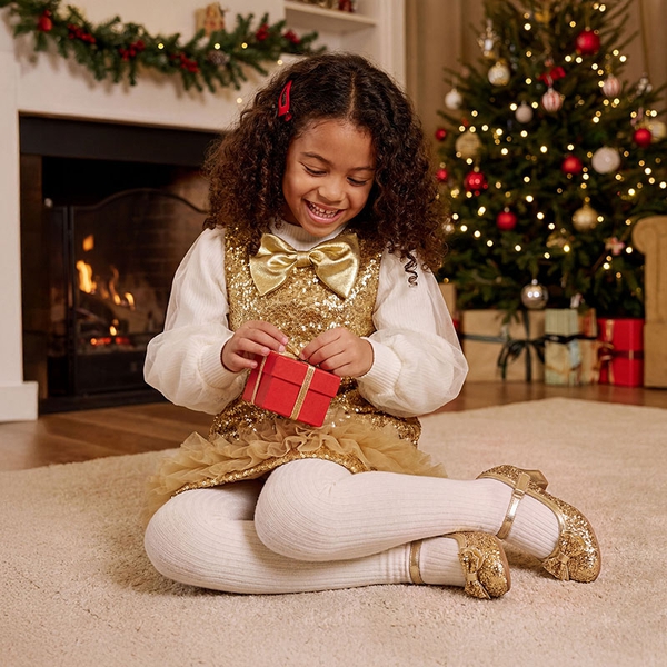 Girls' Glitter Dress Shoes with Low Heel - GOLD - 1