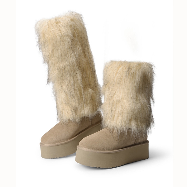 Women's Platform Faux Fur Snow Boots with Fur Leg Warmers - SAND-NEW -  0