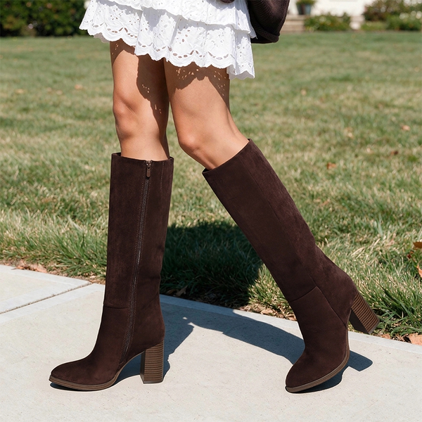 Women's Knee-High Block Heel Boots - DARK BROWN - 2