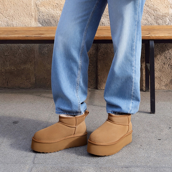 Women's Suede Platform Snow Boots with Wool Lining - CHESTNUT - 2