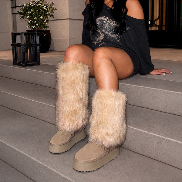 Women's Platform Faux Fur Snow Boots with Fur Leg Warmers - SAND-NEW - 1