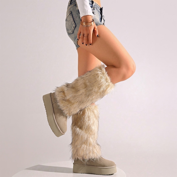 Women's Platform Faux Fur Snow Boots with Fur Leg Warmers - SAND-NEW - 2