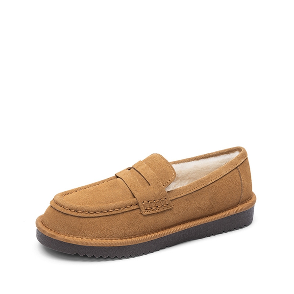 [FuzzyEasy Women's Slip-on] Women's Suede Faux Fur Loafers with Memory Foam - CHESTNUT -  0