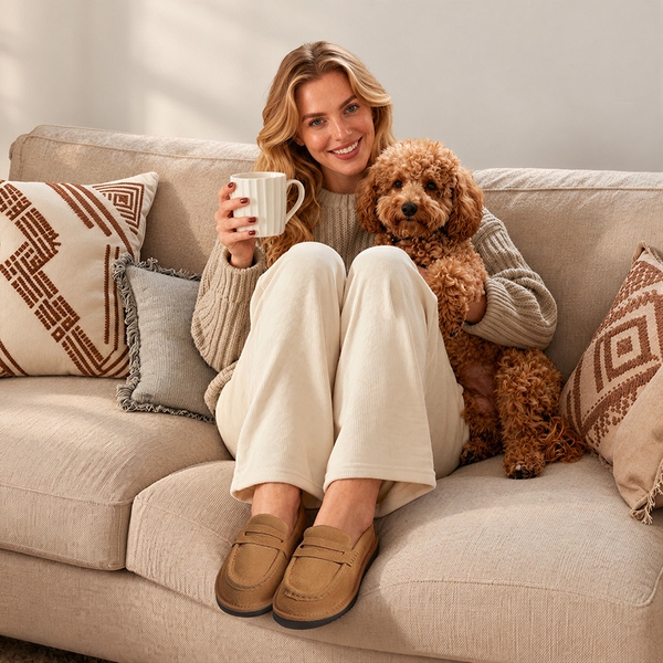 [FuzzyEasy Women's Slip-on] Women's Suede Faux Fur Loafers with Memory Foam - CHESTNUT - 1