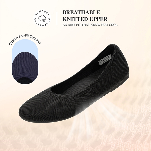 Women’s Wide Width Comfortable Foldable Knit Flats - BLACK - 3