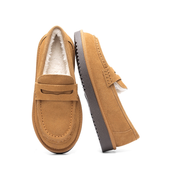 [FuzzyEasy Women's Slip-on] Women's Suede Faux Fur Loafers with Memory Foam - CHESTNUT - 7
