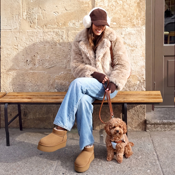 Women's Suede Platform Snow Boots with Wool Lining - CHESTNUT - 1