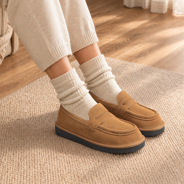 [FuzzyEasy Women's Slip-on] Women's Suede Faux Fur Loafers with Memory Foam - CHESTNUT - 2
