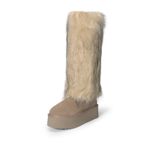 Women's Platform Faux Fur Snow Boots with Fur Leg Warmers - SAND-NEW - 5