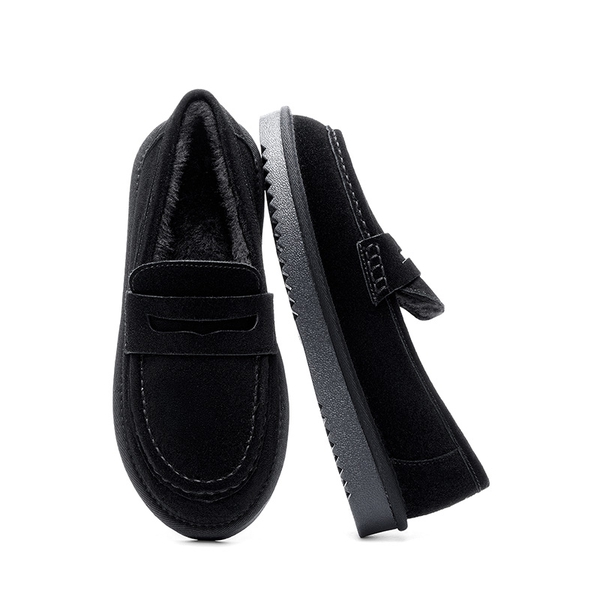 [FuzzyEasy Women's Slip-on] Women's Suede Faux Fur Loafers with Memory Foam - BLACK - 7