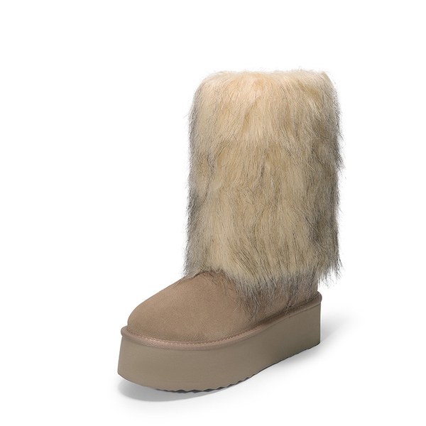 Women's Platform Faux Fur Snow Boots with Fur Leg Warmers - SAND-NEW - 6