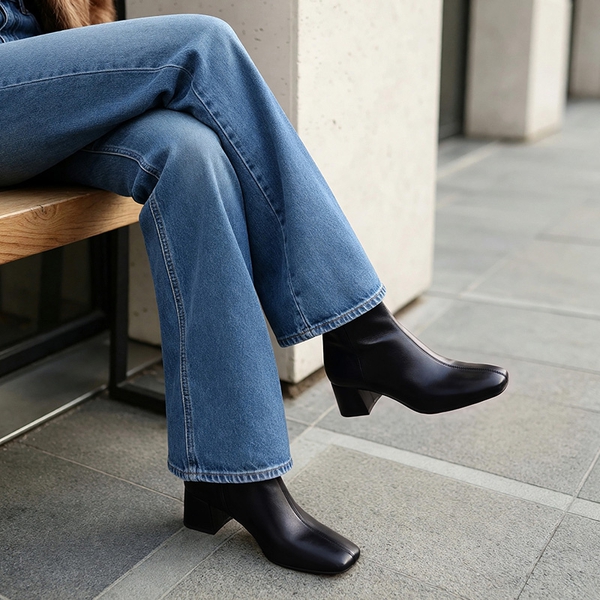 Women’s Square Toe Block Heel Ankle Boots - BLACK - 2