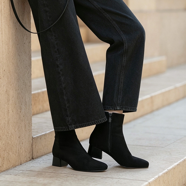 Women’s Square Toe Block Heel Ankle Boots - ALL BLACK - 2