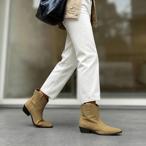 Women’s Narrow Square Toe Western Ankle Boots - TAN - 2
