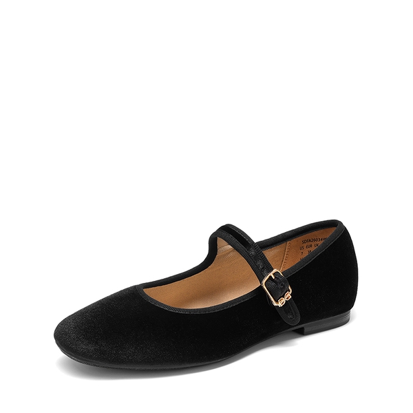 Women's Velvet Square Toe Mary Jane Flats - BLACK - 6