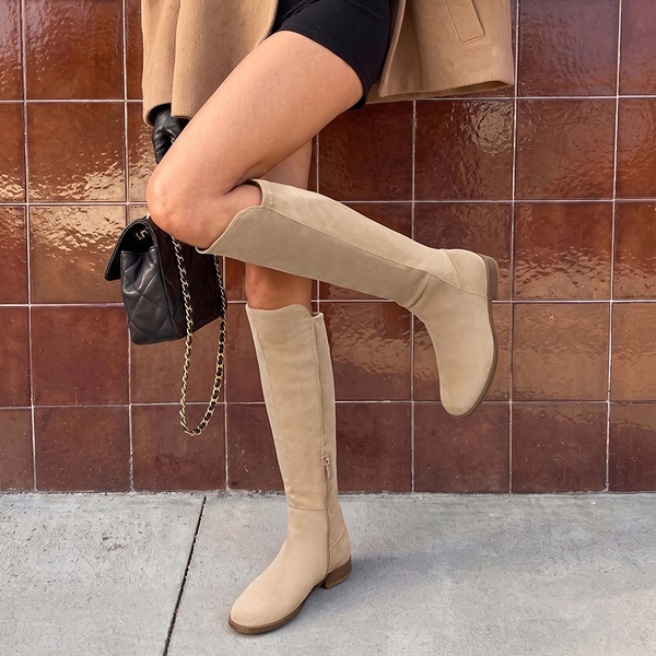 Women's Stretch Knee-High Boots with Low Heel - CAMEL - 2