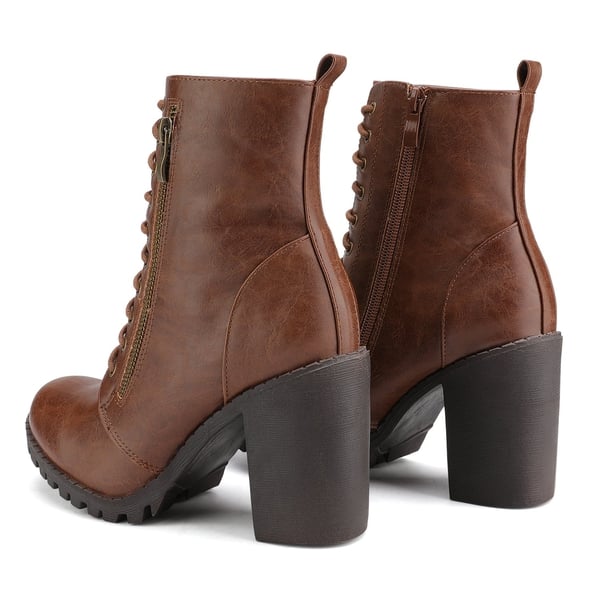 Lace Up Chunky Heel Ankle Booties - TAN - 2