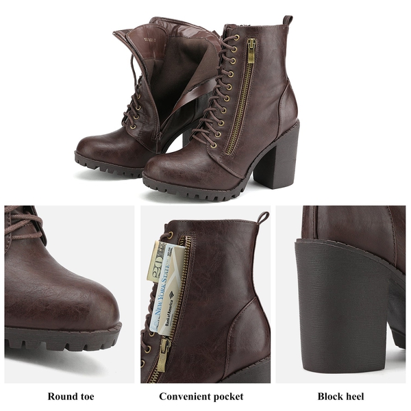 Lace Up Chunky Heel Ankle Booties - BROWN - 3