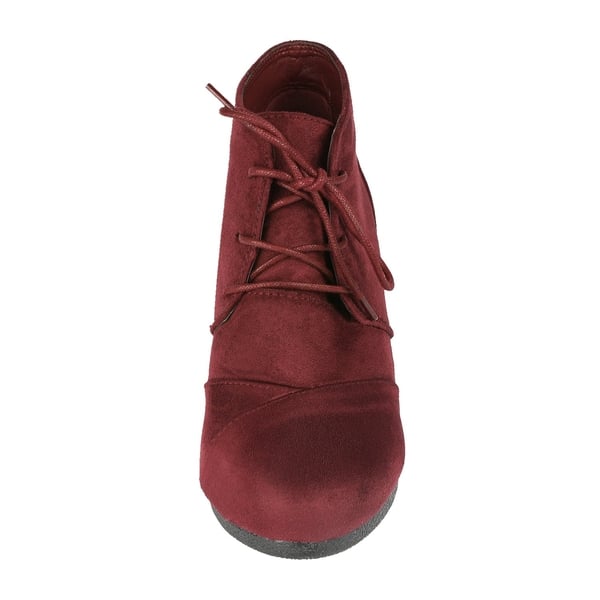 Lace Up Low Wedge Heel Ankle Boots - BURGUNDY - 4