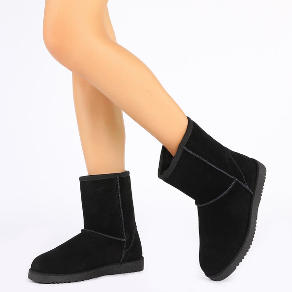 [FuzzyClassic Mid Boot] Suede Mid Calf Snow Boots - BLACK - 1