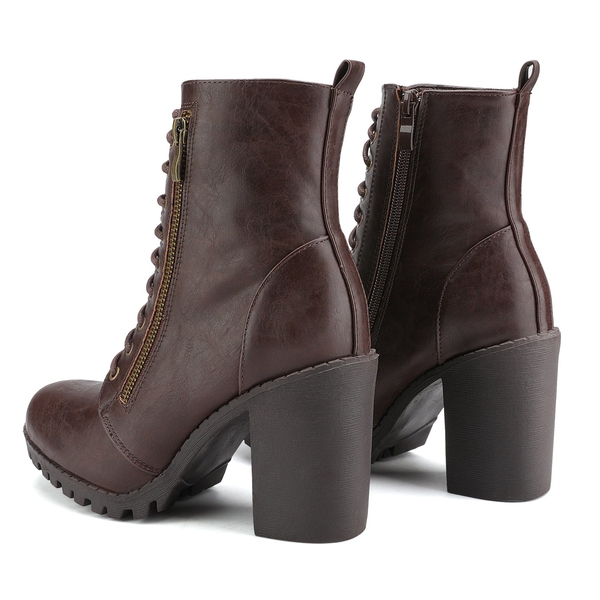 Lace Up Chunky Heel Ankle Booties - BROWN - 2