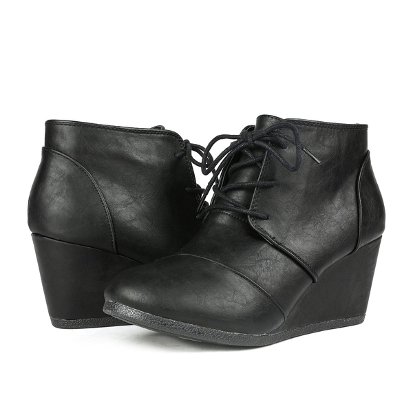 Lace Up Low Wedge Heel Ankle Boots - BLACK PU - 6