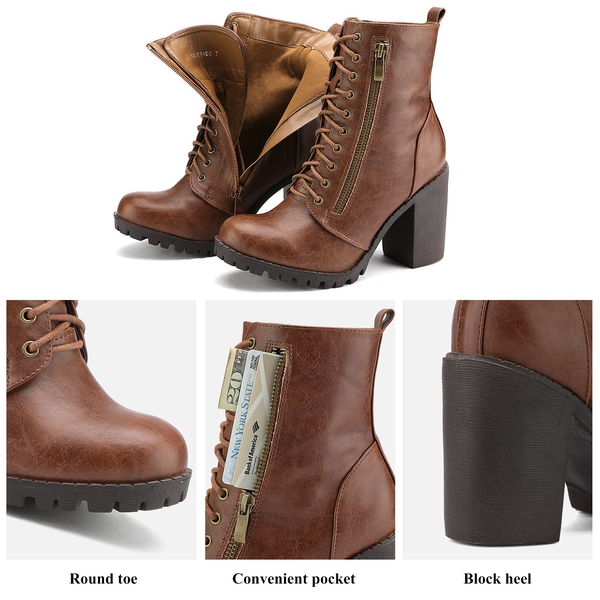 Lace Up Chunky Heel Ankle Booties - TAN - 3