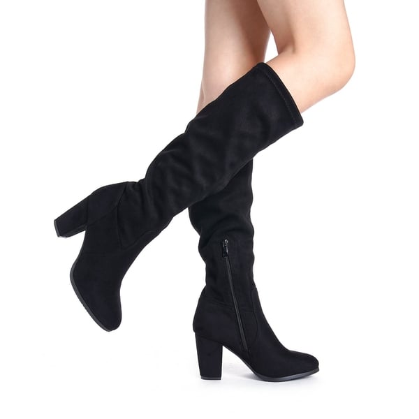 Round-Toe Chunky Heel Knee High Boots - BLACK - 2