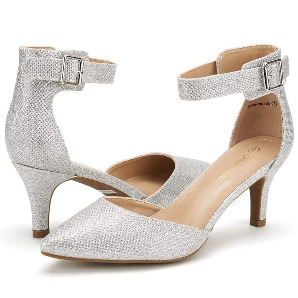 Women's Low Heel Ankle Strap Pumps - SILVER GLITTER - 4