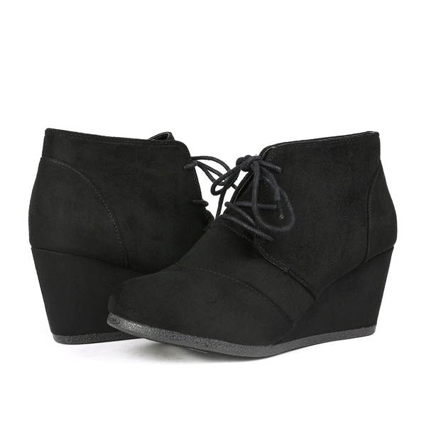 Lace Up Low Wedge Heel Ankle Boots - BLACK - 6