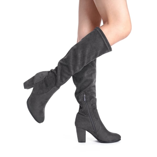 Round-Toe Chunky Heel Knee High Boots - GREY - 2