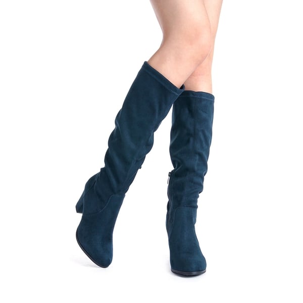 Round-Toe Chunky Heel Knee High Boots - DARK BLUE - 1