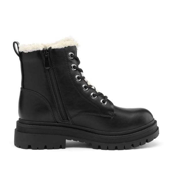 Flat Lace Up Ankle Combat Boots - BLACK FURRY - 2