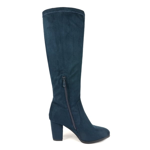 Round-Toe Chunky Heel Knee High Boots - DARK BLUE - 3